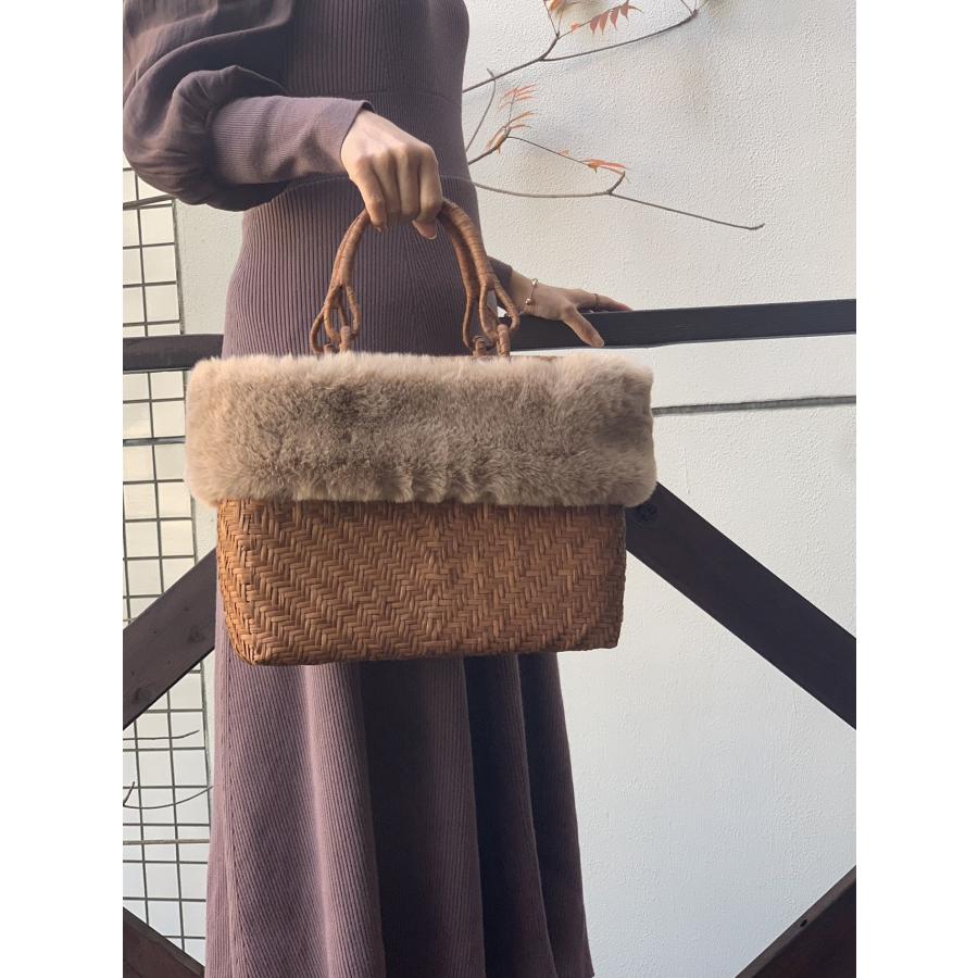 山葡萄籠バッグ 手作り 山葡萄かごバッグ 細ひご 内布あり ファー付き