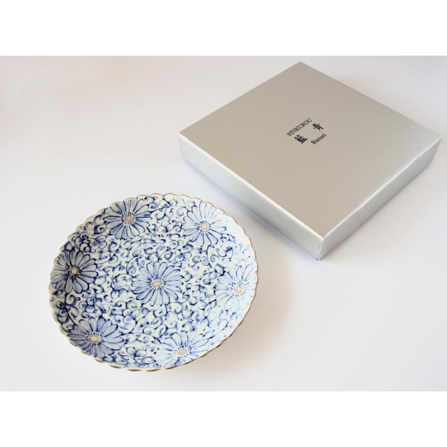 林九郎窯 古伊万里様式 藍青シリーズ 銀花唐草 輪花 プレート17cm