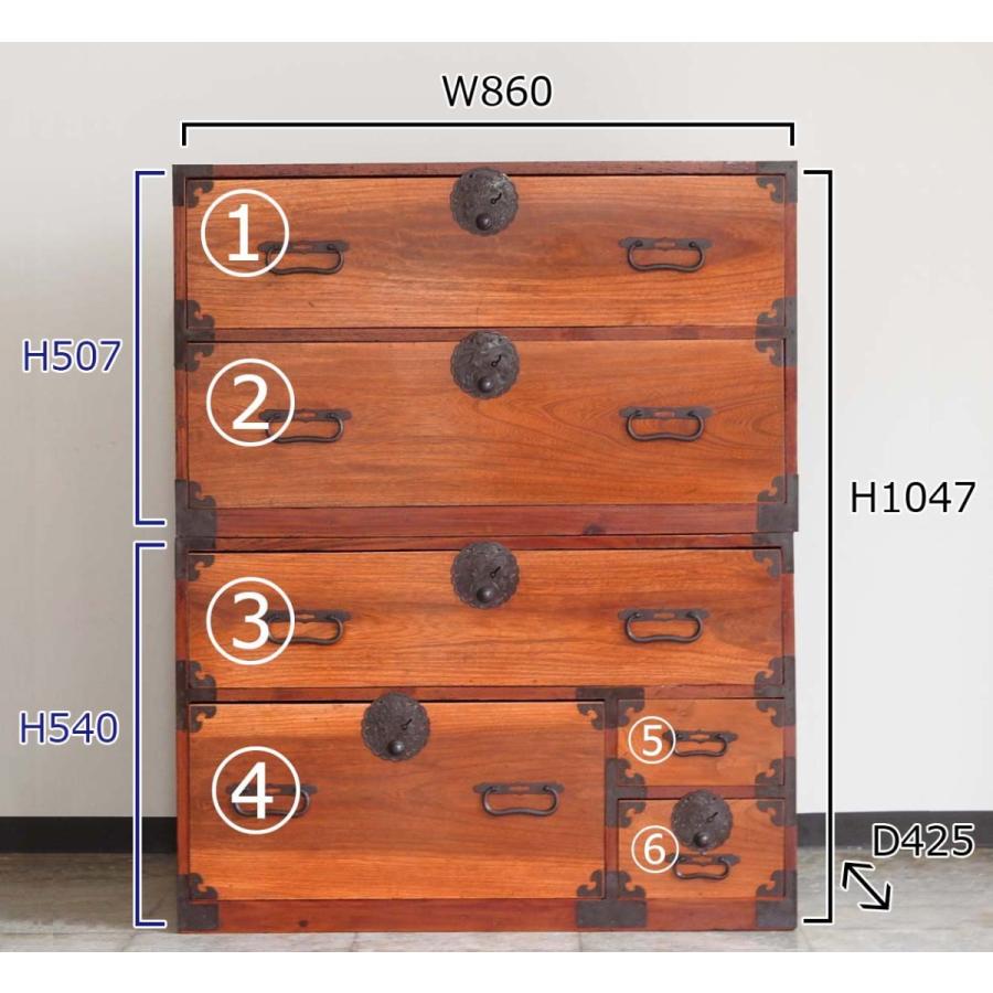 大正期 庄内地方 鶴亀松竹梅図雪輪形金具 時代重ね箪笥 鍵付き/ 箪笥