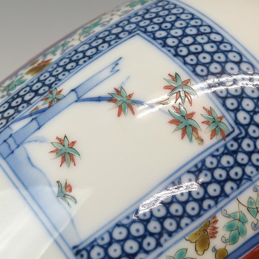 趣楽】 十二代 酒井田柿右衛門本人作 染錦地紋松竹梅画小花瓶 高さ21