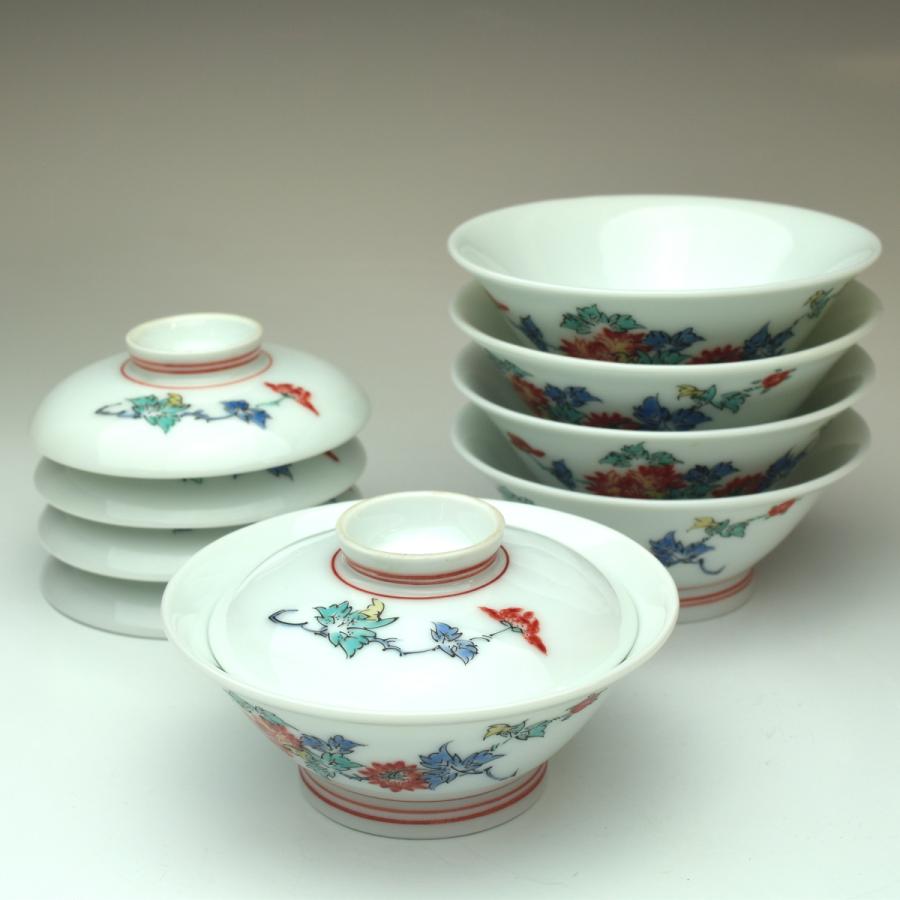 趣楽】 人間国宝 十三代 酒井田柿右衛門作 菊花文珍味入れ五客 直径