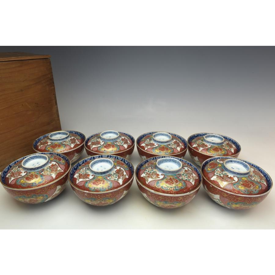 趣楽】 明治時代 古伊万里細密絵付け蓋茶碗 八客 高級和食器 本物保証