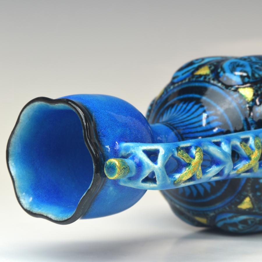 趣楽】 希少 人間国宝 【加藤卓男】作 『青釉胡姫文手付花入』 高さ