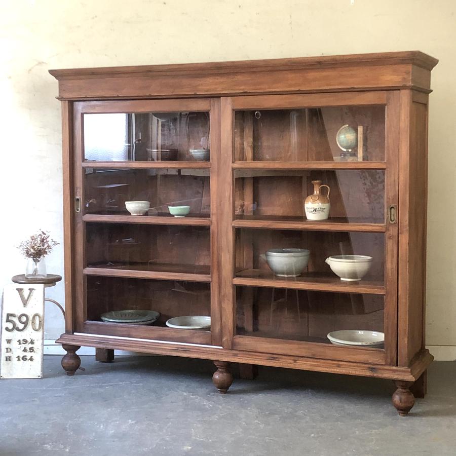 V-590♯W194×D45×H164 特大!アンティークガラスキャビネット チーク材