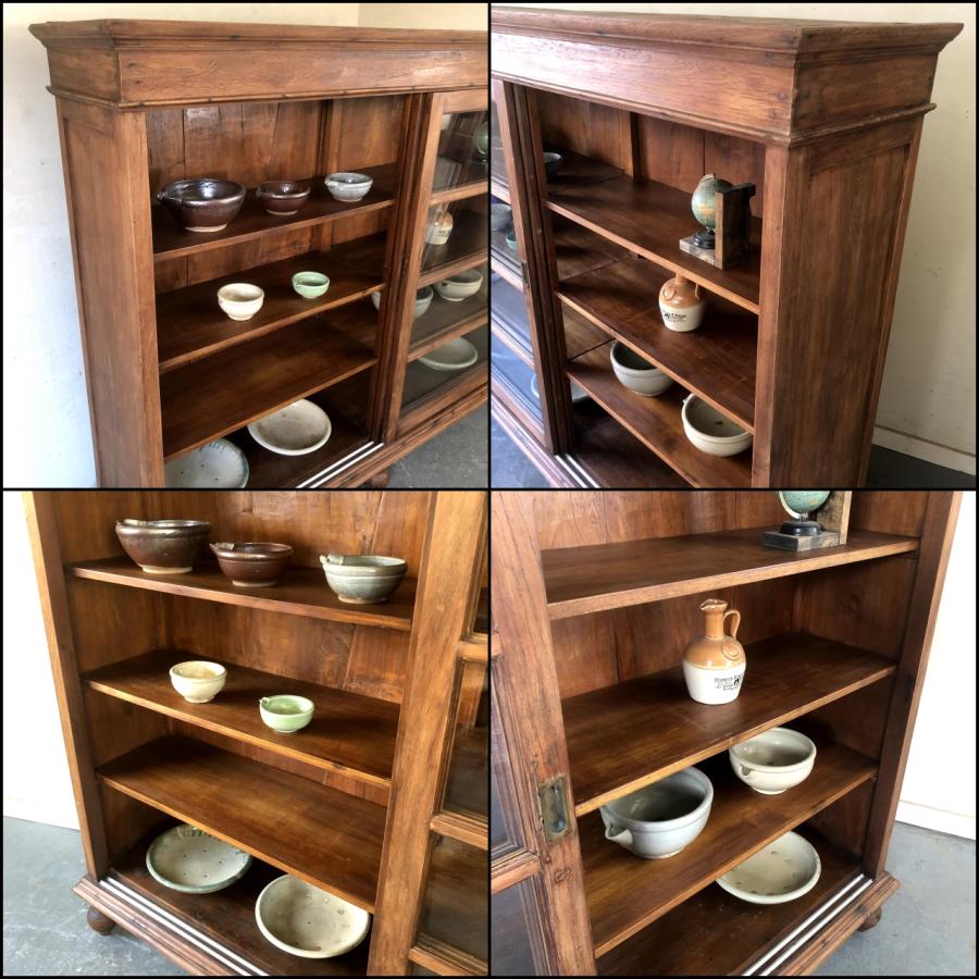 V-590♯W194×D45×H164 特大!アンティークガラスキャビネット チーク材