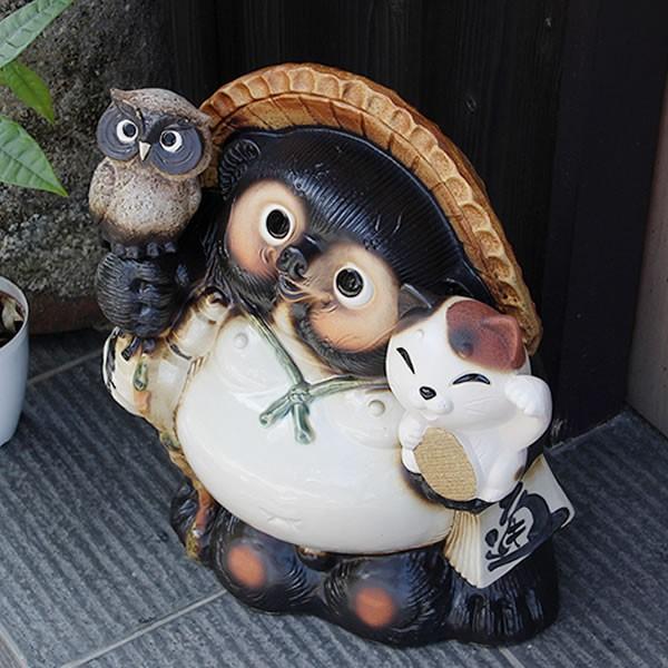 信楽焼 13号ふくろう猫持ち狸 たぬき タヌキ 開運 縁起物 可愛い ネコ