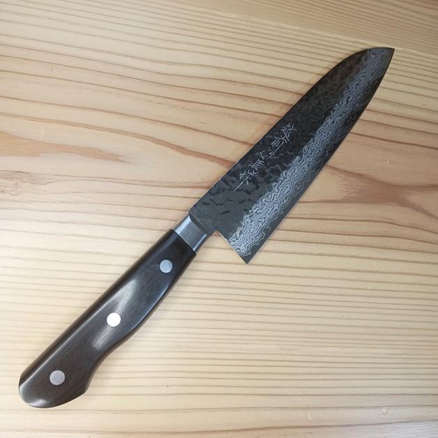 越前数馬作 烈風 VG10鎚目ダマスカス積層鋼 三徳包丁180mm 口金付 黒