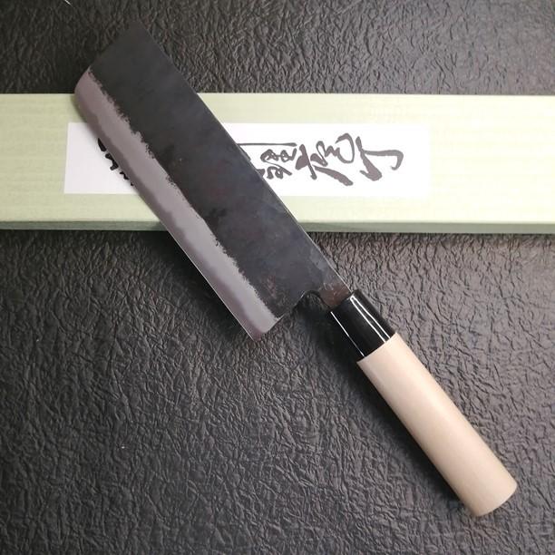 中庄作 黒打 本鍛造 白二鋼 別打 菜切包丁 170mm 浜研ぎ 角型 国産朴