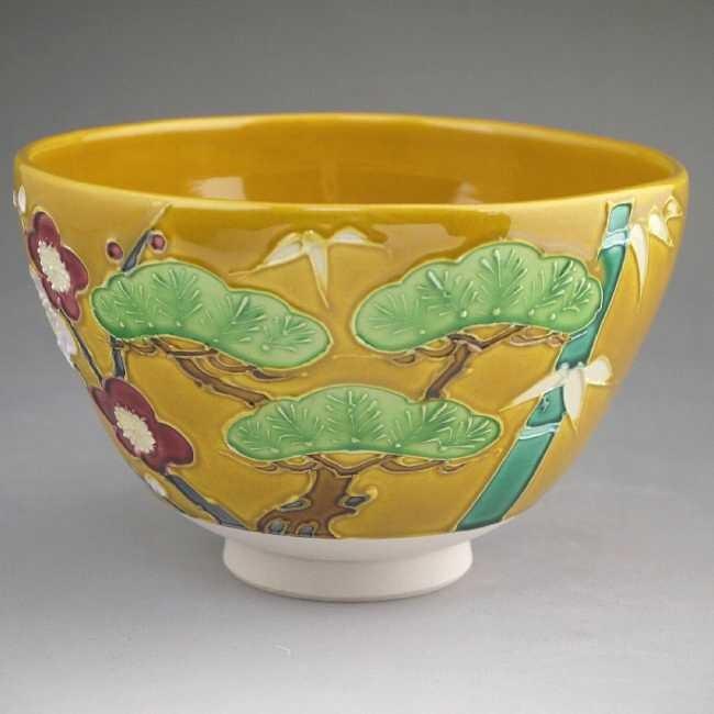 京焼 清水焼 古代黄交趾松竹梅抹茶茶碗 翠雲 : 松韻堂 Yahoo!店 - 通販