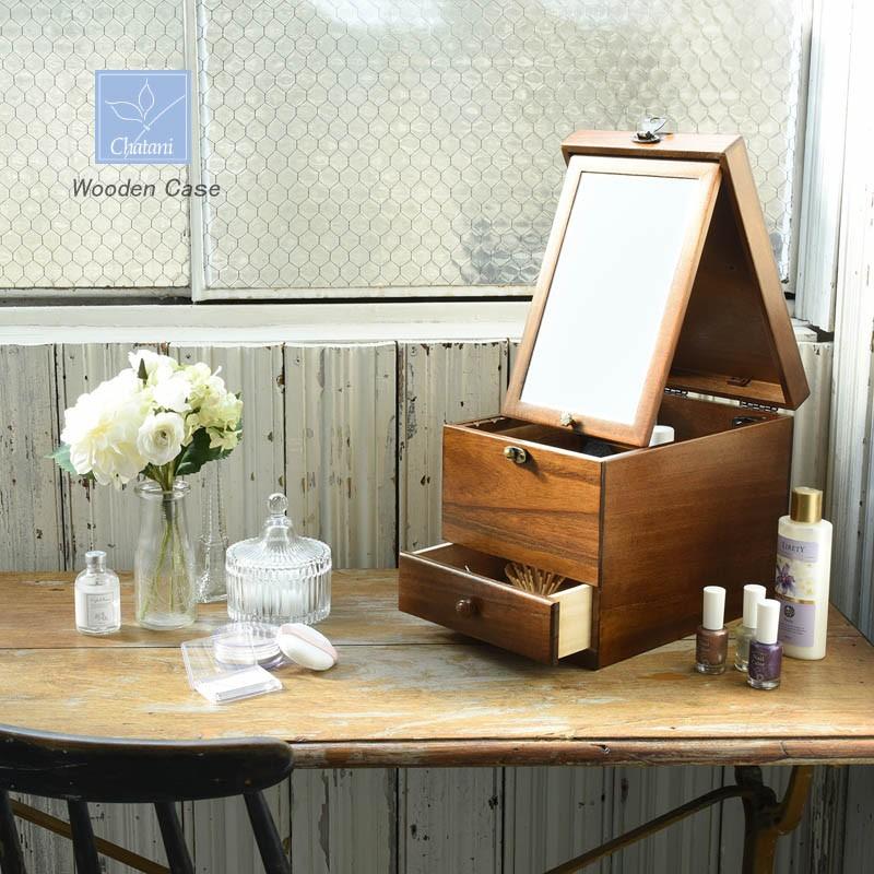 メイクボックス Made in Japan 木製 ミラー付 コスメティックボックス