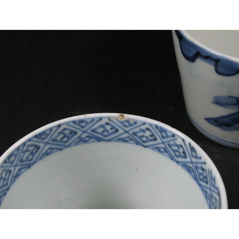 古伊万里 染付 山水文 見込み岩波文 蛇の目高台 蕎麦猪口 3客セット (6