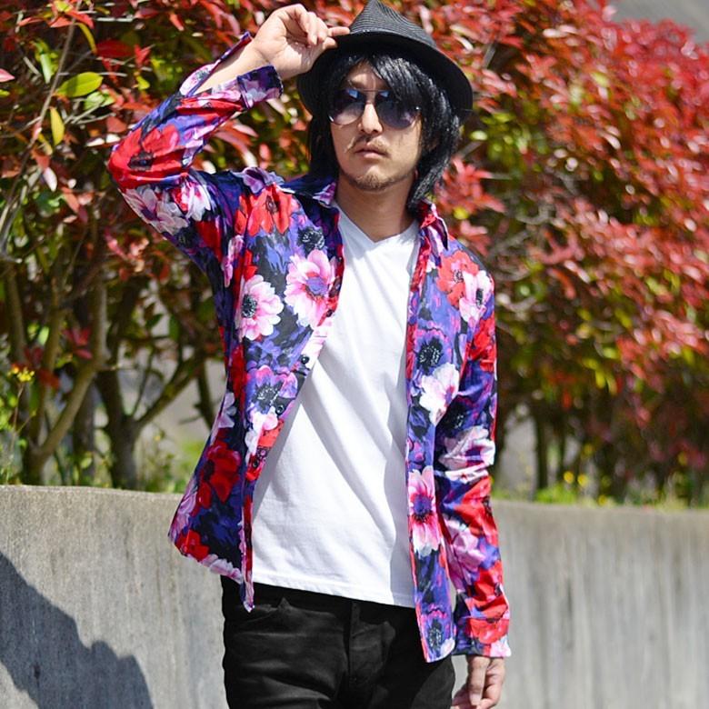 閉店セール】長袖シャツ フラワー 総柄 ロングシャツ メンズシャツ