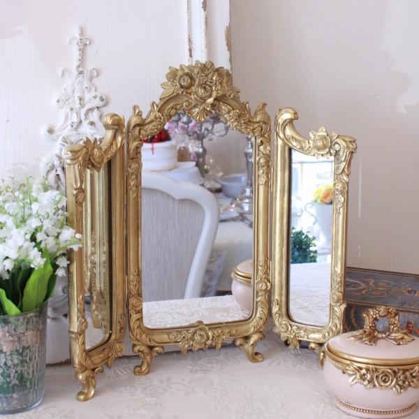 ドレッサーミラー スタンドミラー 三面鏡 ゴールド ミラー バロック