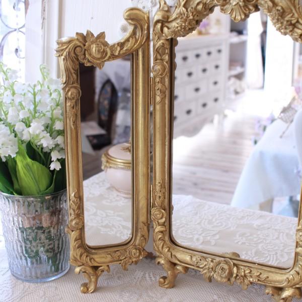 ドレッサーミラー スタンドミラー 三面鏡 ゴールド ミラー バロック