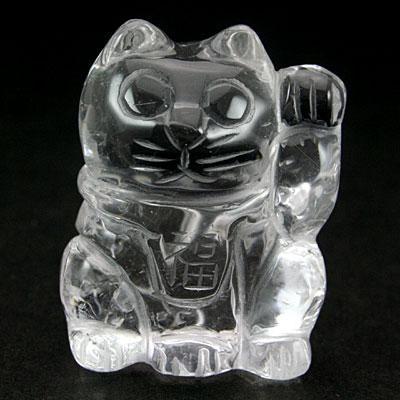 石流通センター 招き猫 金運 縁起物 彫刻置物 水晶・福 約32x40mm