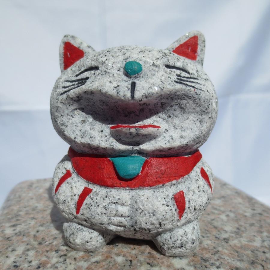 開運 笑福 笑うねこ 招き猫 置物 御影石 招福 ねこ Cat ネコ 猫