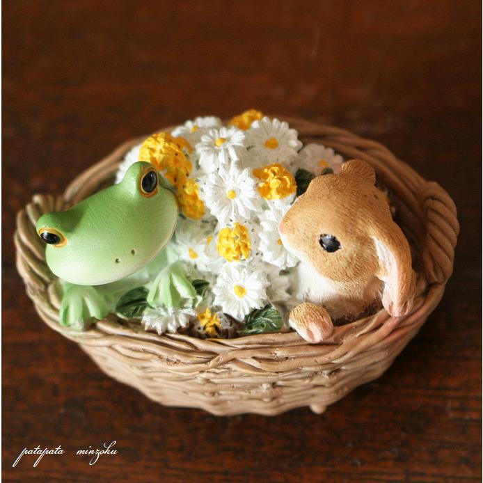 Copeau コポー 花かごの中のウサギとカエル 置物 ダイカイ オブジェ