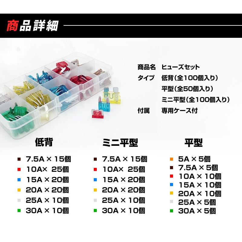ヒューズセット 平型 ミニ平型 低背 5A 7.5A 10A 15A 20A 25A 30A 100