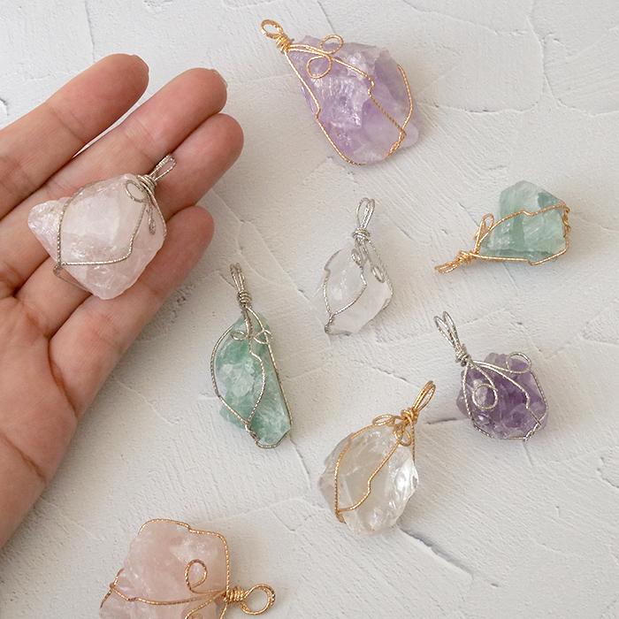 天然石 チャーム 1個 ワイヤー メガネ留め ラフストーン 原石 ゴールド