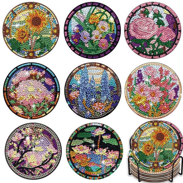 コースター 制作キット ダイヤモンドアート 8枚 ステンドグラス 花