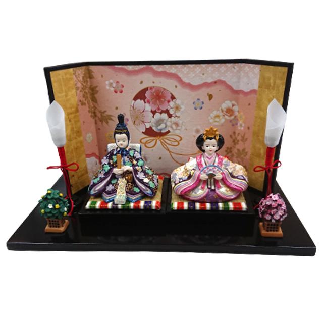 雛人形・内裏雛紫都香燭台付和紙屏風 (卓上 ミニひな人形 コンパクト