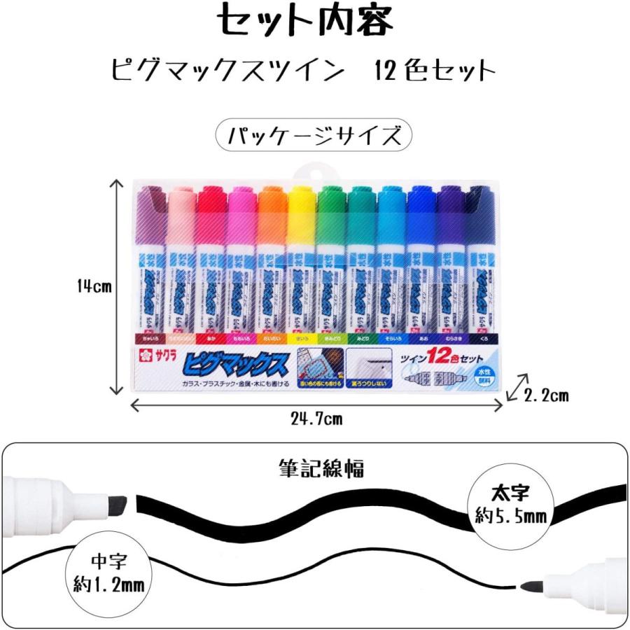 サクラクレパス] 水性ペン ピグマックスツイン 12色 中字 太字 ガラス