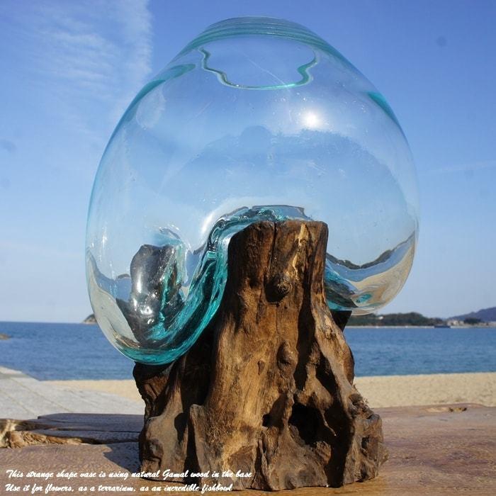 吹きガラスと天然木のオブジェ M 金魚鉢 メダカ水槽 花瓶 流木ガラス
