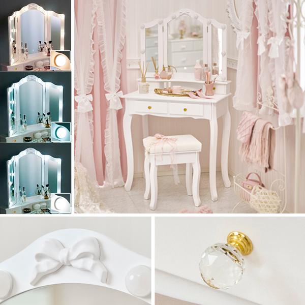 ドレッサー 三面鏡 スツール | キラキラ取っ手のリボン三面鏡スリム