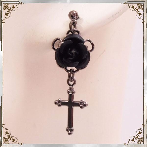 薔薇 バラ ローズ 十字架 クロス・黒 (ピアス) イヤリングに変更可