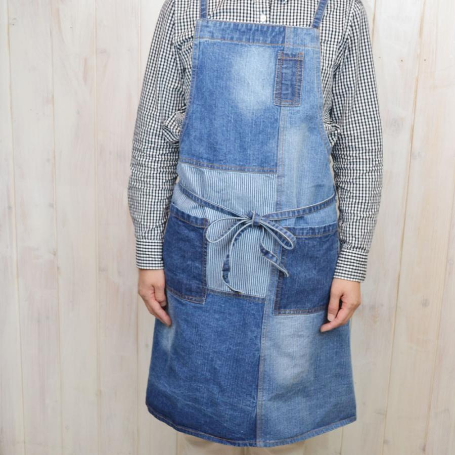パッチワーク デニム クロス エプロン おしゃれ カフェ ブルー