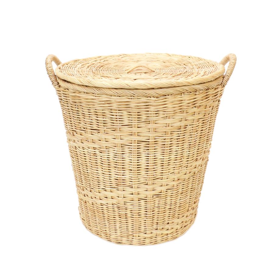 タイ製 ラタンふた付きランドリーバスケット 網模様 脱衣かご : ラタン