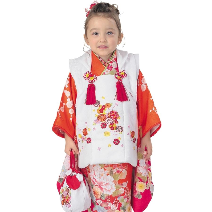 R・K 3歳 女児 被布セット 菊 松 梅 朱色 対応身長95cm 七五三 7歳