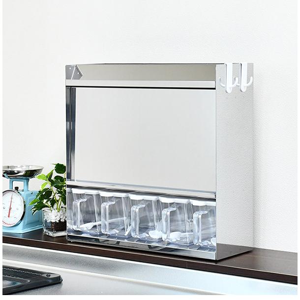 日本製 燕三条 フラップ扉のステンレススパイスラック ポット5 調味料