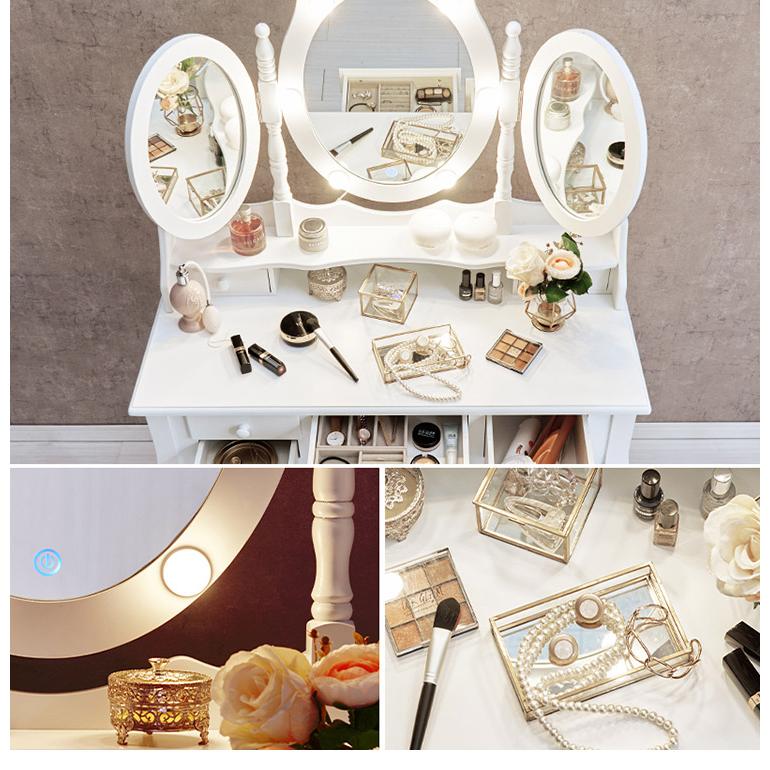 LEDライト付き エレガント 三面鏡 女優ドレッサー スツールセット 幅