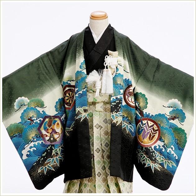 5歳 男の子 七五三 袴レンタル d5028 「緑龍兜×武田菱」753 子供着物