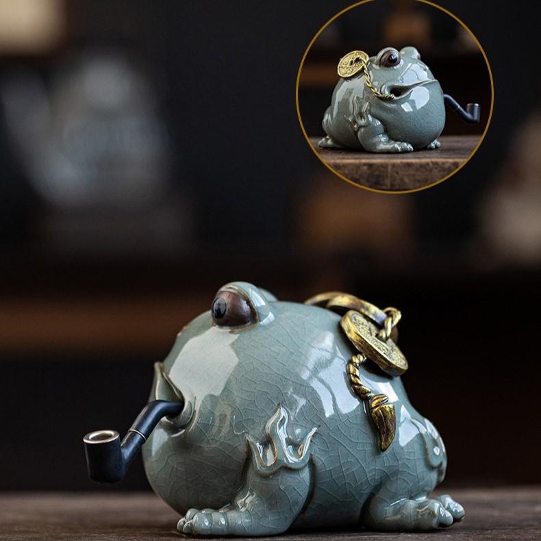 蛙 カエル 置物 オブジェ 陶器 ブルー 高級感 財運 金運 開運 運気