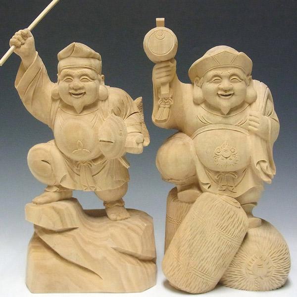 木彫り 恵比寿大黒 置物 高さ31cm 恵比寿大黒天 七福神 縁起物 : 仏像