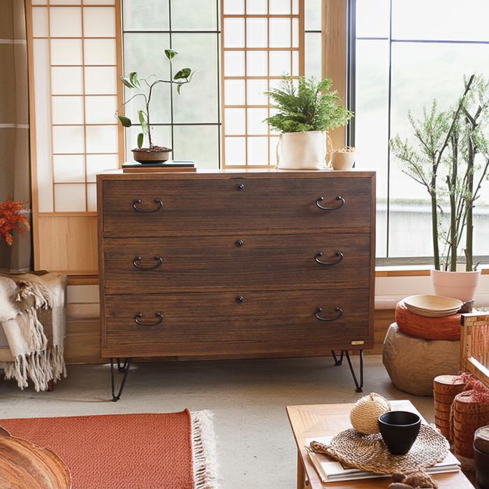 和箪笥 リメイク チェスト 3段 幅88cm 古材 アイアン脚 和モダン 収納