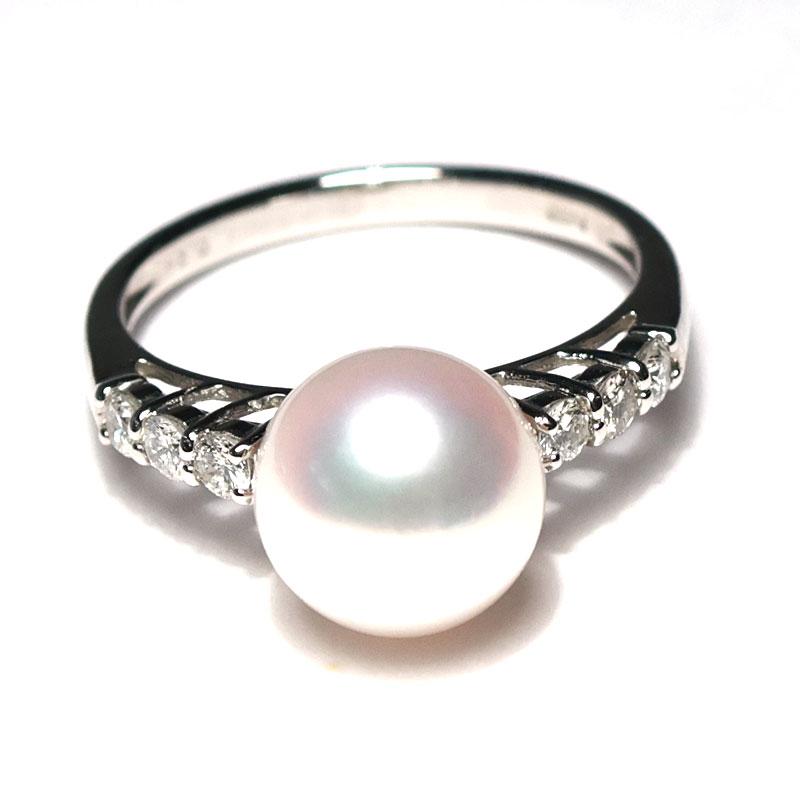 指輪 パールリング オーロラ花珠真珠鑑定書 9.0mmプラチナダイヤ0.24ct