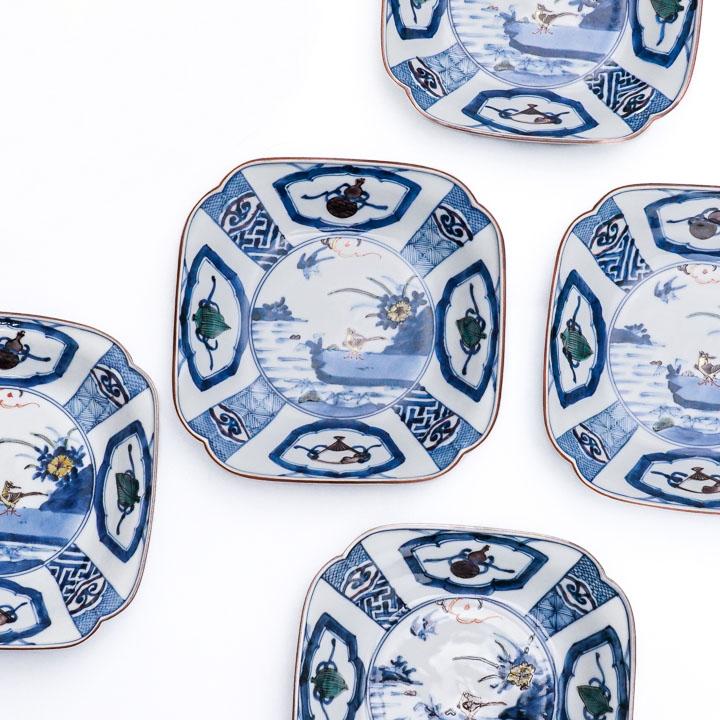 九谷焼 四方皿揃 染色桃花花鳥文 / 山本長左 【宮内庁御用窯】 5枚