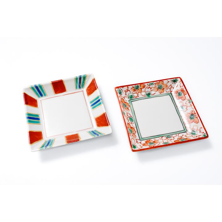 九谷焼 絵変り三寸角皿(5枚一組） / 九谷美陶園 和食器 皿 人気 ギフト