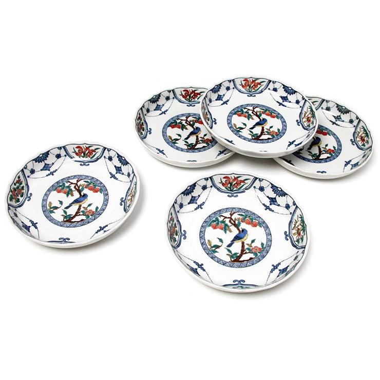 九谷焼 6号皿揃 染付瓔珞紋花鳥 / 青郊窯 和食器 皿 取り皿 人気