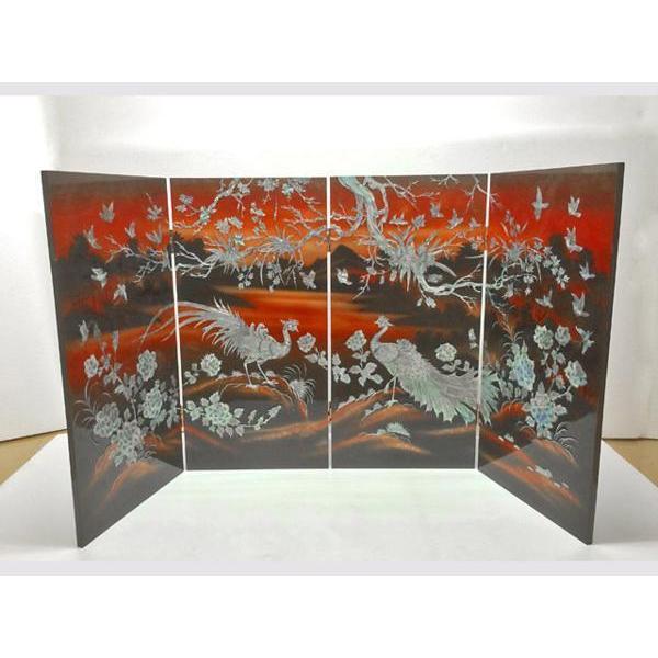 絵画 工芸品 漆 ◇ 屏風 四曲一隻 九雀 螺鈿 インテリア : 日本
