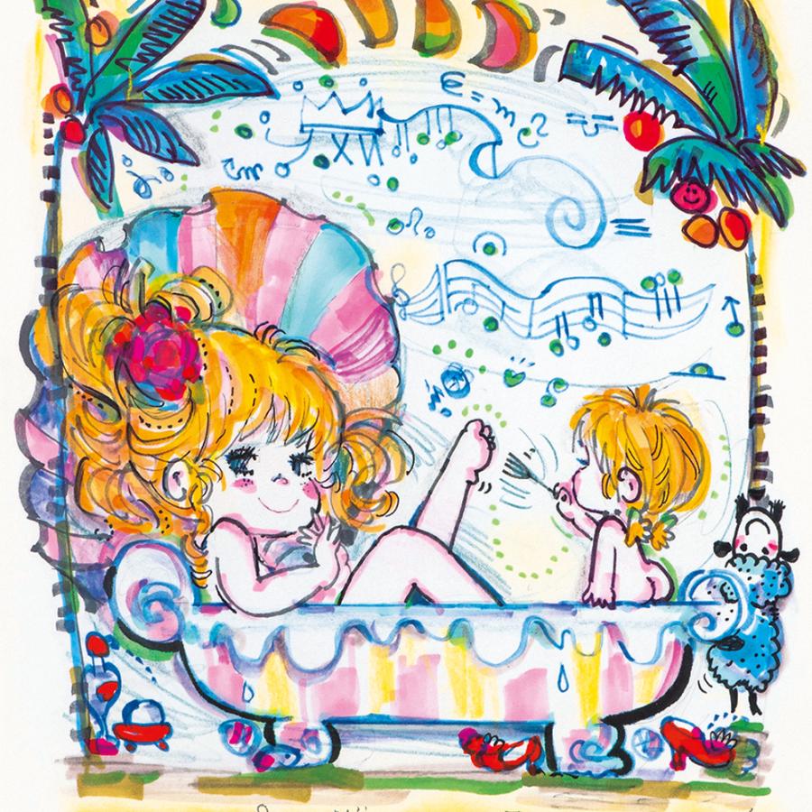 水森亜土 版画 「 ヴィーナスの誕生 」 額寸54.3×48.3cm イラスト 直筆