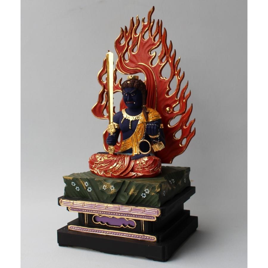 木彫仏像/座不動明王(青）四角台火焔光背1.8寸桧木彩色 : トモエの木彫