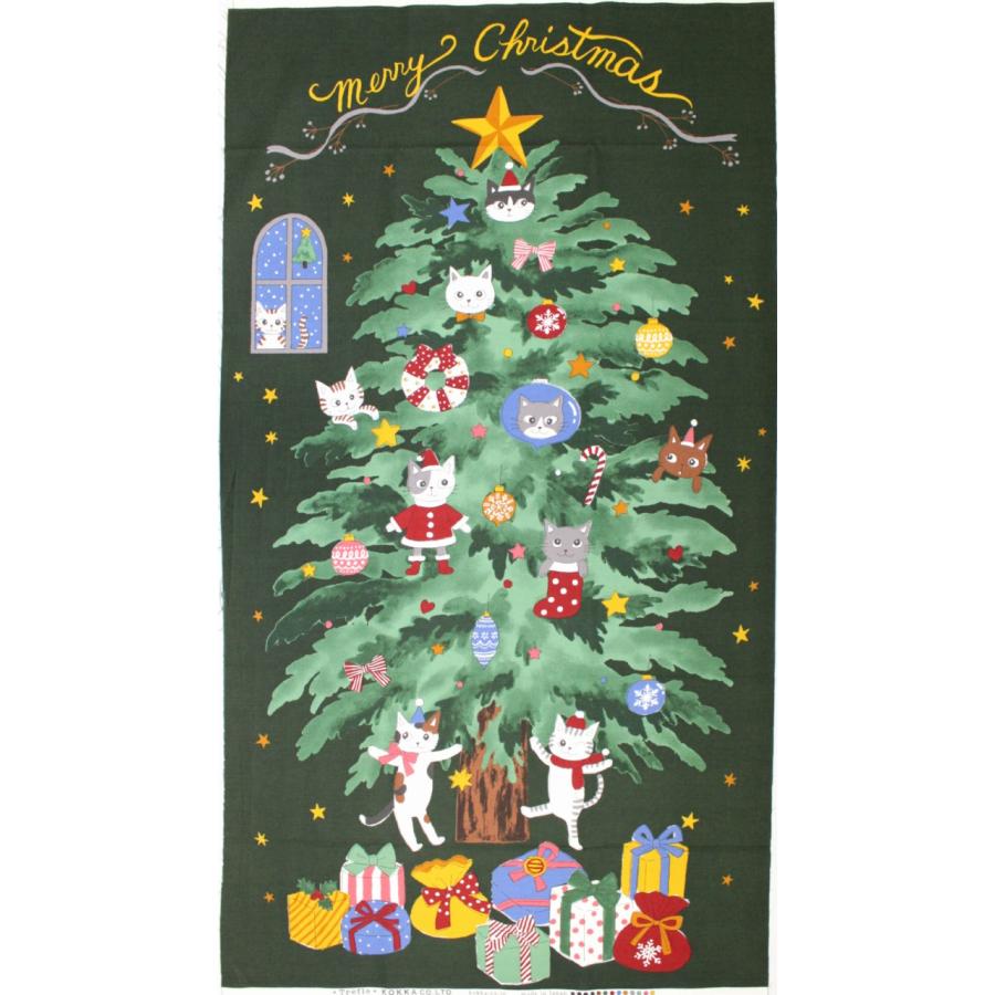 ネコ クリスマスツリー タペストリー 猫 モミの木 生地 布 シーチング