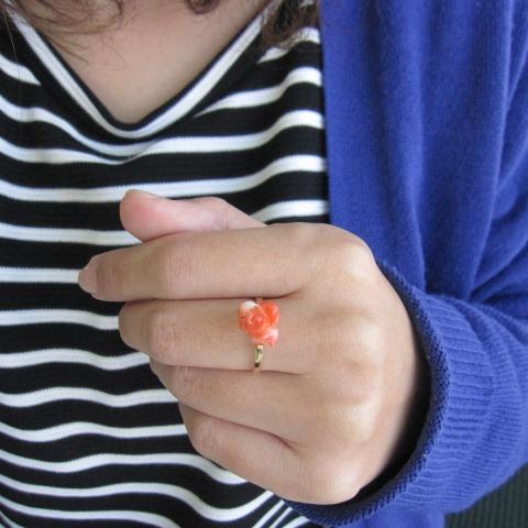 日本・高知産赤珊瑚 バラの花の指輪・リング K18 薔薇 ばら 『宝石