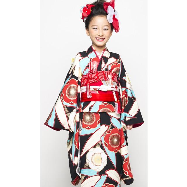 七五三 七才 7歳用着物 正絹 ブラック 梅 笹 7歳児用 女の子 紅一点