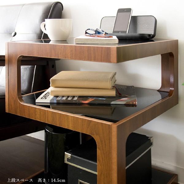 サイドテーブル ブラウン S字型 ブラックガラス天板 ミニテーブル