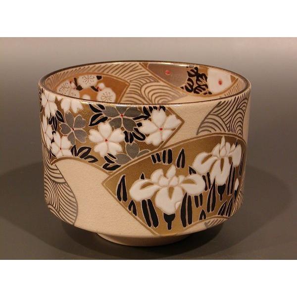 茶道具 抹茶茶碗 色絵 扇面流水 プラチナ釉、 京都 水無月窯 藤谷芳哉